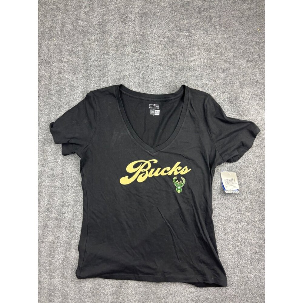 Milwaukee Bucks T-Shirt Women's XL Black Short Sleeve V Neck New Era NWT